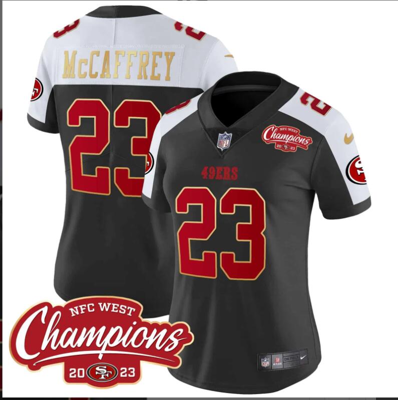 Women San Francisco 49ers 23 Mccaffrey NFC West Champions Gold Trim black 2024 NFL Nike jerseys